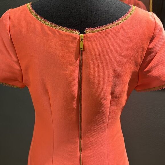 Elie Tahari fitted fluorescent melon ombré hem raw edge sheer/string edged midi - Picture 7 of 8